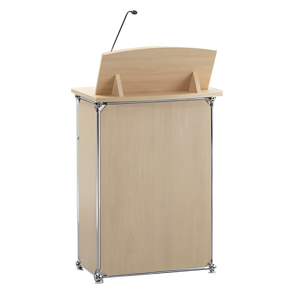 Podest aus hellem Holz mit eingebautem Mikrofon und Chromgestell, ideal als Theken oder zum Pulte mieten, schräg von vorne rechts gesehen