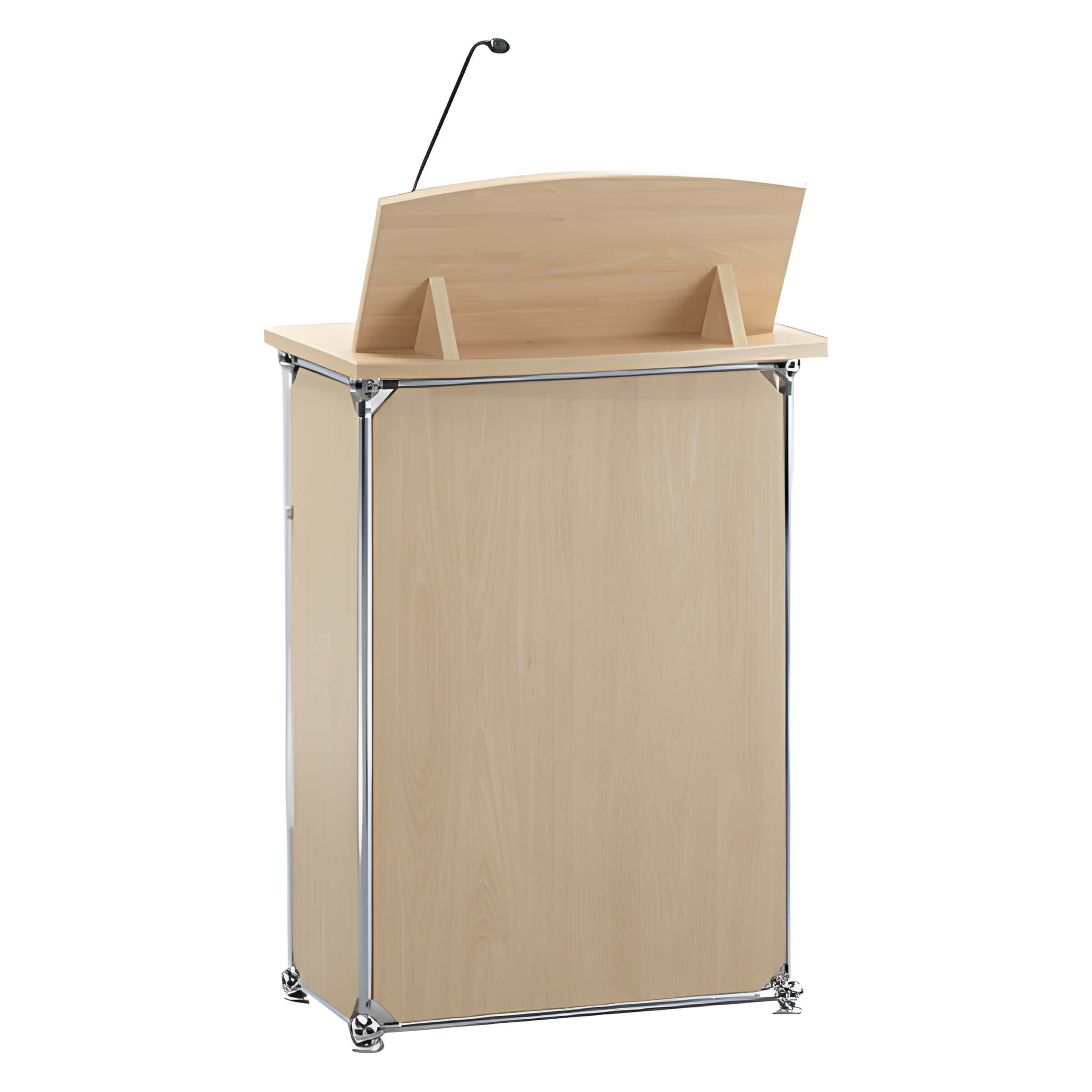 Podest aus hellem Holz mit eingebautem Mikrofon und Chromgestell, ideal als Theken oder zum Pulte mieten, schräg von vorne rechts gesehen
