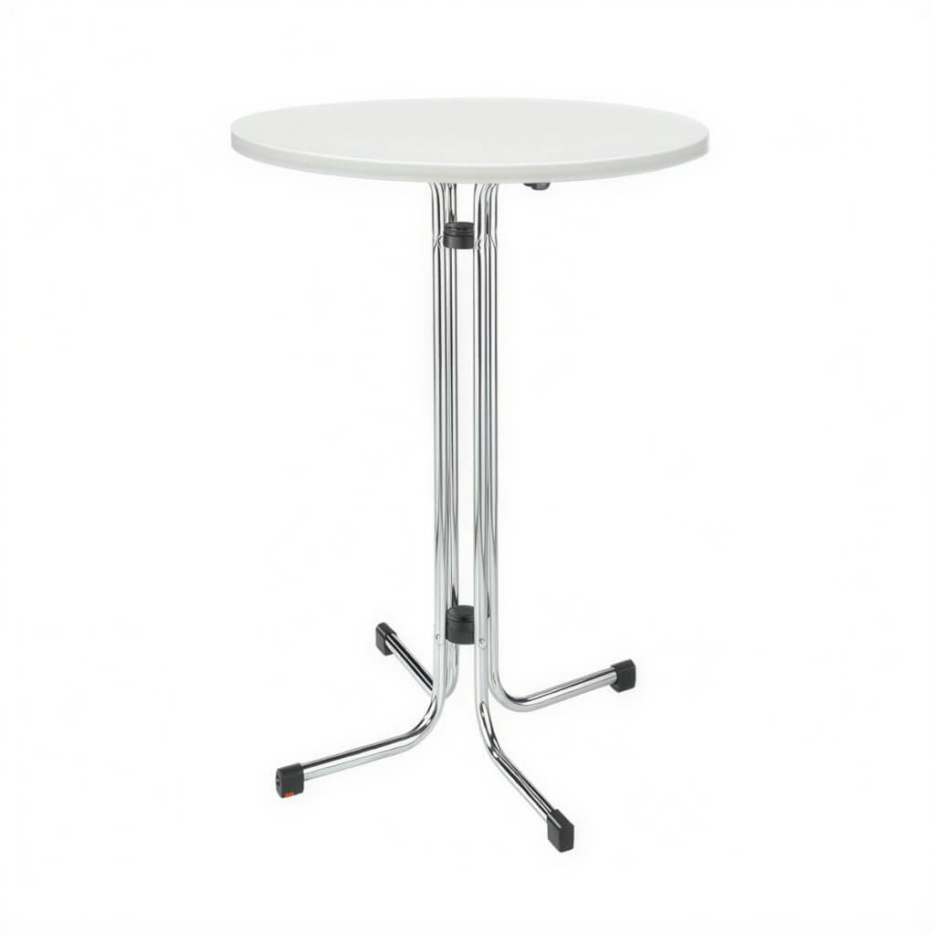 Ein kleiner, runder weißer Tisch mit verchromtem Dreibein-Gestell und schwarzen Füßen steht vor einem schlichten weißen Hintergrund