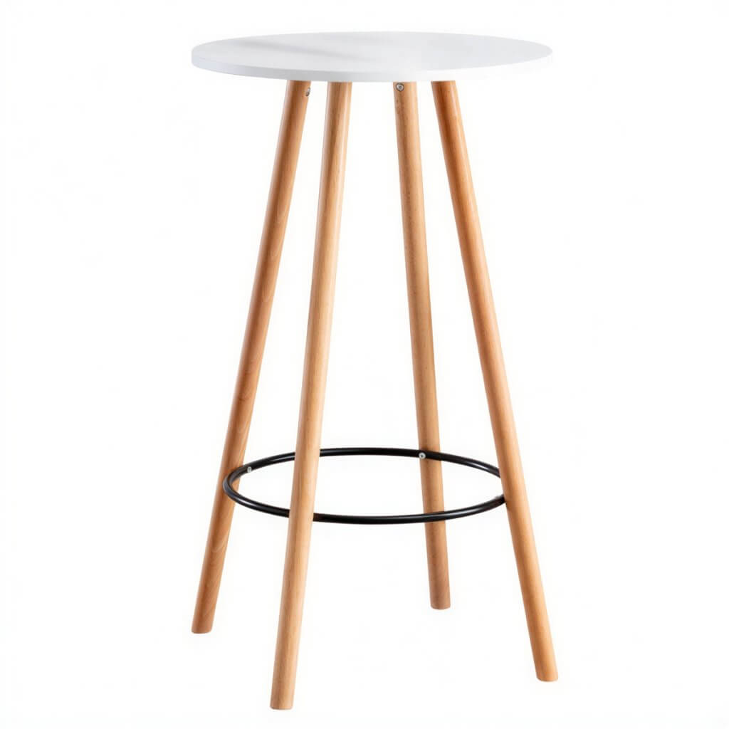 Moderner Barhocker mit rundem weißem Sitz, vier Holzbeinen und schwarzer, kreisförmiger Metallfußstütze
