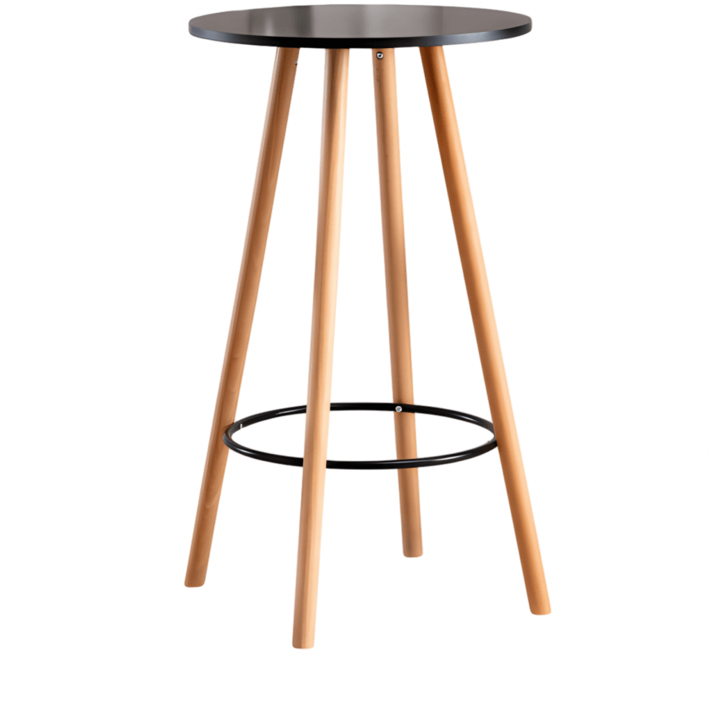 Hoher, runder Barhocker mit schwarzem Sitz, vier Holzbeinen und schwarzer Fußstütze, passend wenn Sie Stehtische mieten möchten