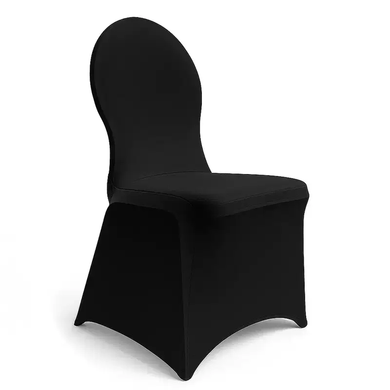 Ein schwarzer, armlehnenloser Stuhl mit rundem Rücken und passender Stuhlhusse Deluxe steht auf weißem Hintergrund