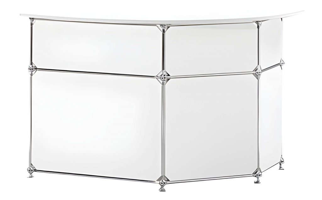 Eine moderne, weiße Empfangstheke mit geschwungener Form und Chromkanten, perfekt geeignet zum Theken mieten oder Pulte mieten