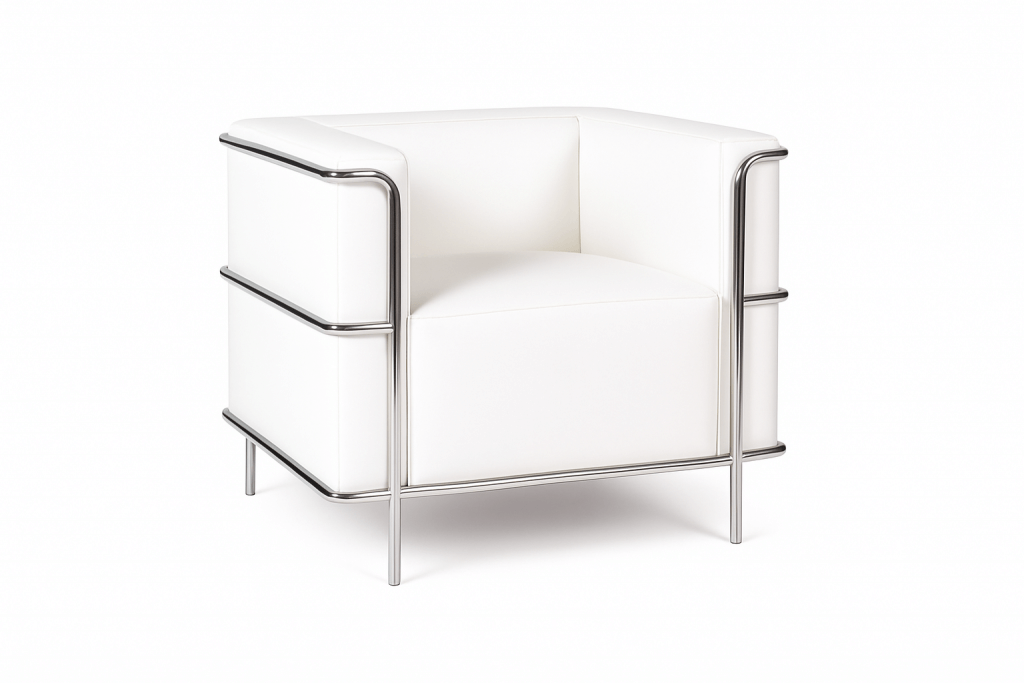 Moderner weißer Loungesessel mit Chromgestell und minimalistischem Design, perfekt zum Lounge mieten oder als stilvoller Barhocker-Akzent