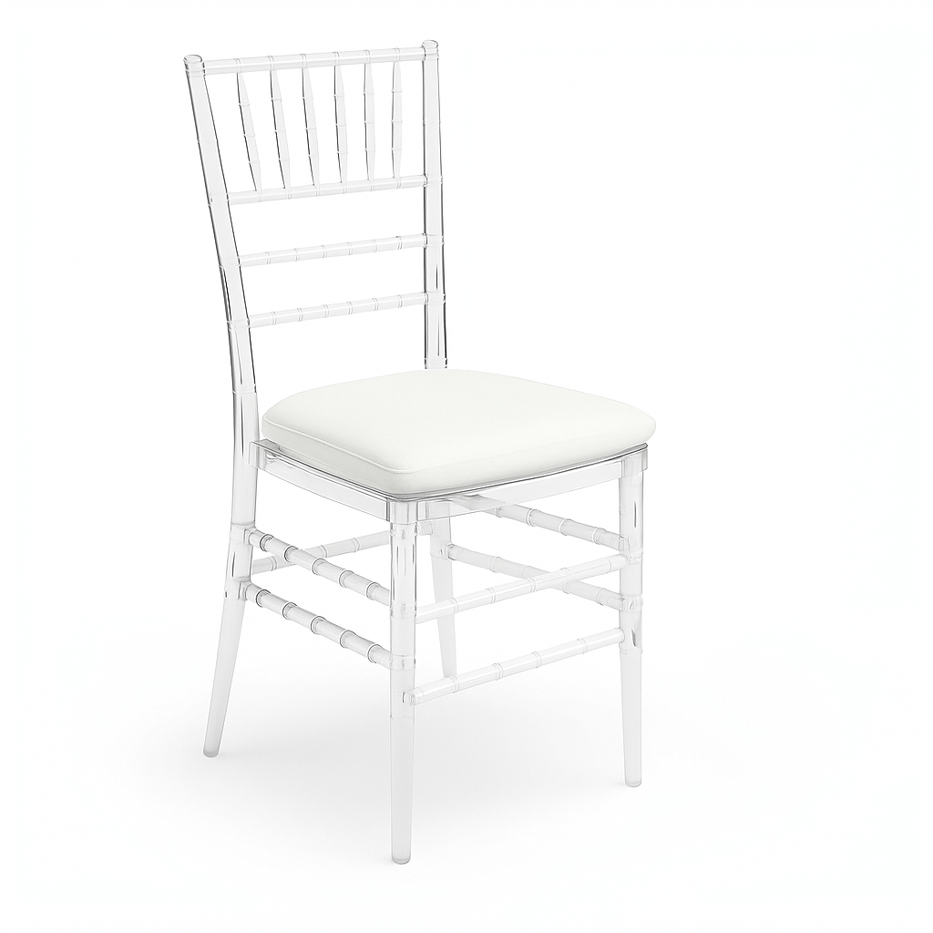 Klarer Acrylstuhl mit weißem Polster, Spindelrücken und Beinen, ideal für Events, Stuhlvermietung möglich
