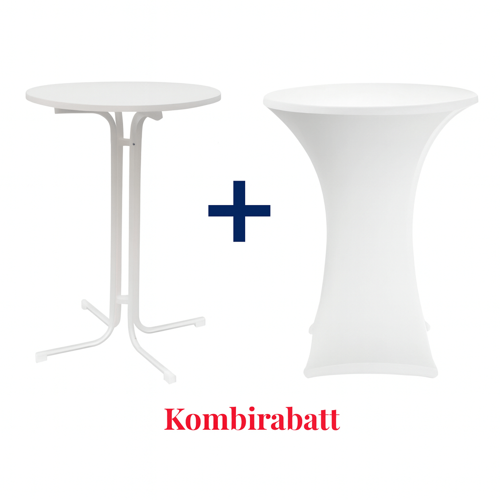 Zwei weiße Stehtische mit Hussen, dazwischen ein Pluszeichen, darunter steht "Kombirabatt" in fetter roter Schrift