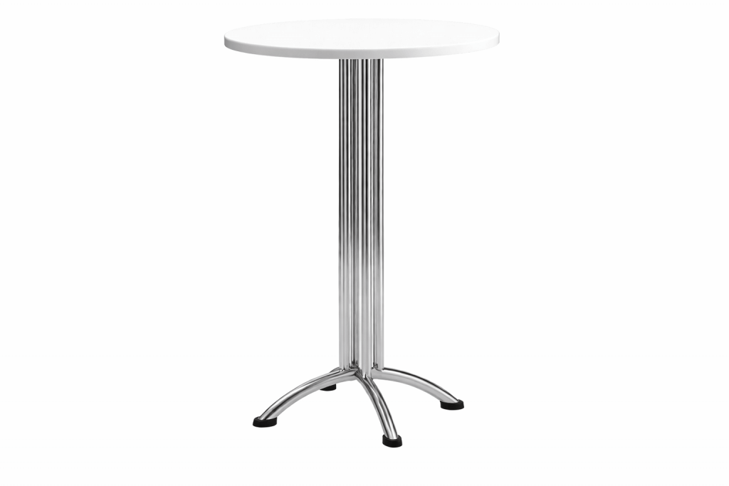 Ein hoher, runder Stehtisch in Weiß und Chrom mit verchromtem Gestell und vier gebogenen Beinen auf schwarzen Füßen