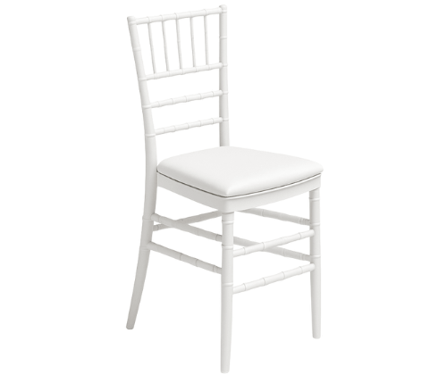 Weißer Holzstuhl mit gepolsterter Sitzfläche und Spindel-Rückenlehne, geeignet für Veranstaltungen oder wenn Sie Stühle mieten möchten