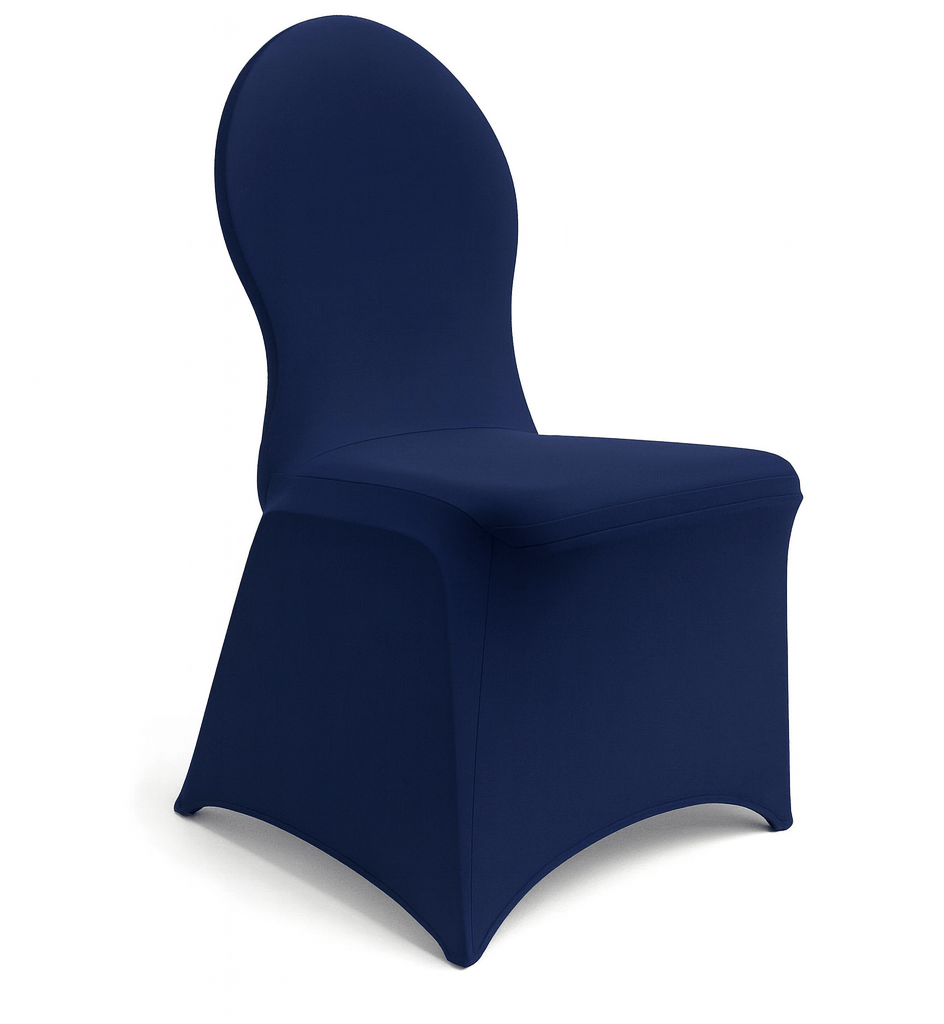 Ein blauer Stuhl mit abgerundeter Rückenlehne und passgenauem, elastischem Stuhlhussen Deluxe Stoffbezug