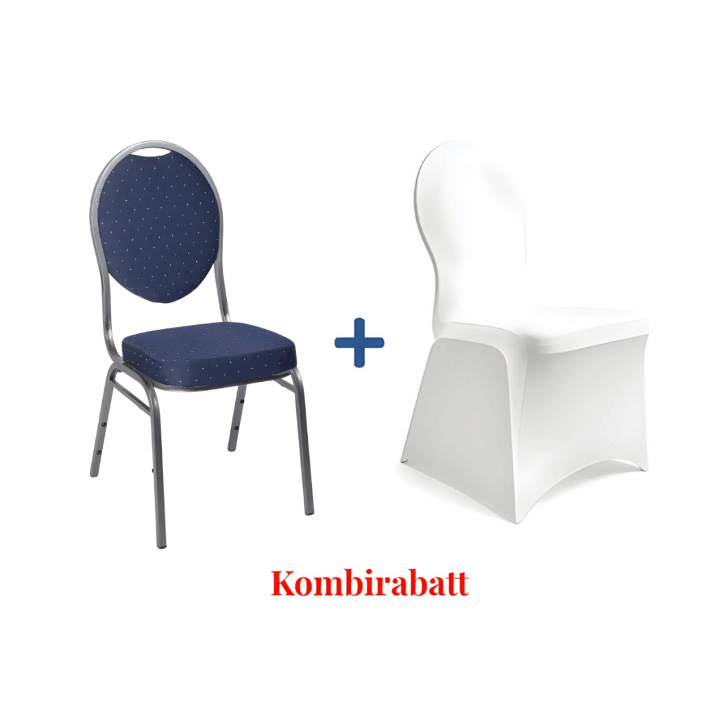 Ein blauer Bankettstuhl und eine weiße Stuhlhussen Deluxe Husse mit Pluszeichen dazwischen, darunter Kombirabatt in Rot